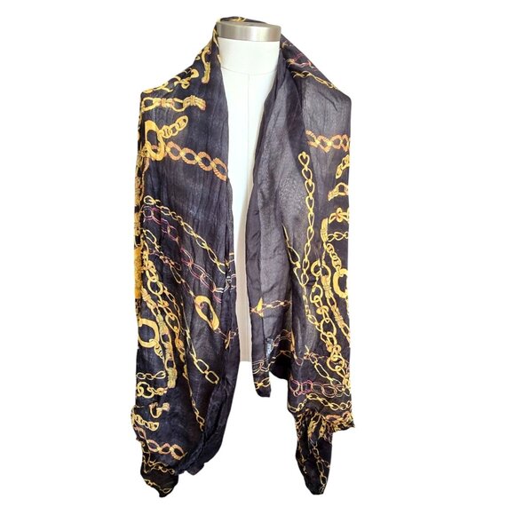 Black & Gold Chain Print Lightweight Polyester Scarf Shawl Wrap Texido JJ3943 - Picture 1 of 11